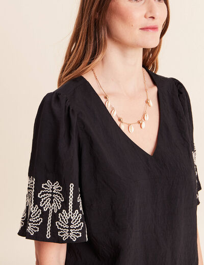 Blouse droite courte manches coudes noir femme