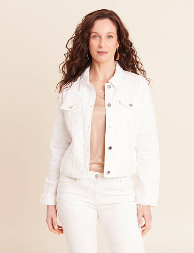 Veste cintr&eacute;e en jean avec broderies blanc femme