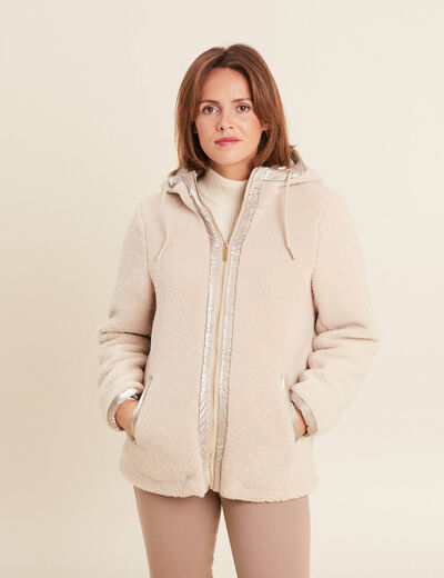 Manteau à capuche laine mouton ecru femme