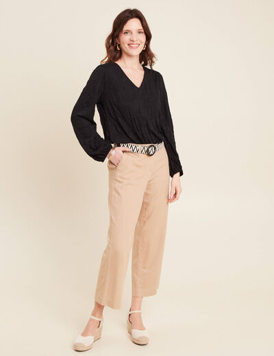 Top droit col V manches longues noir femme