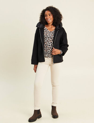 Manteau ample court &agrave; capuche noir femme
