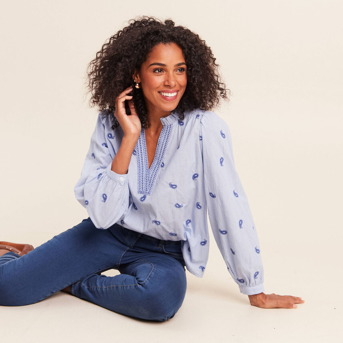 Blouse ample manches longues fluide bleu femme