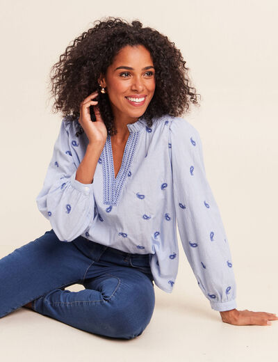 Blouse ample manches longues fluide bleu femme