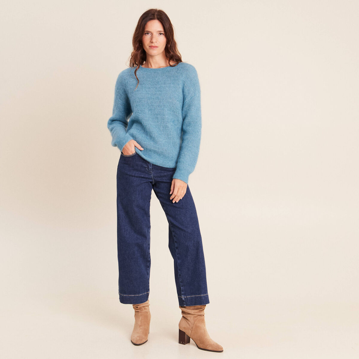 Pull droit col rond manches longues bleu p&eacute;trole femme