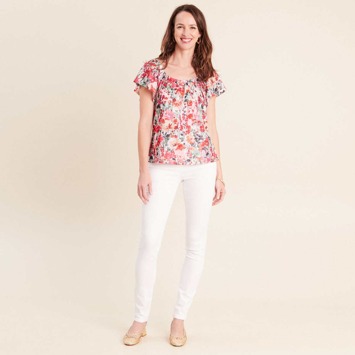 Blouse droite col rond manches courtes multicolore femme