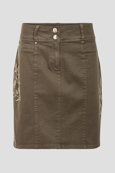 Jupe droite brodée vert kaki femme