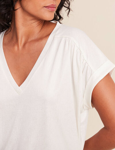 T-shirt col v manches courtes brillant ecru femme