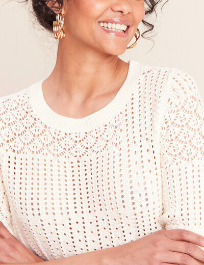 Pull ajour&eacute; col rond manches courtes ecru femme