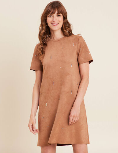 Robe droite courte avec strass marron clair femme
