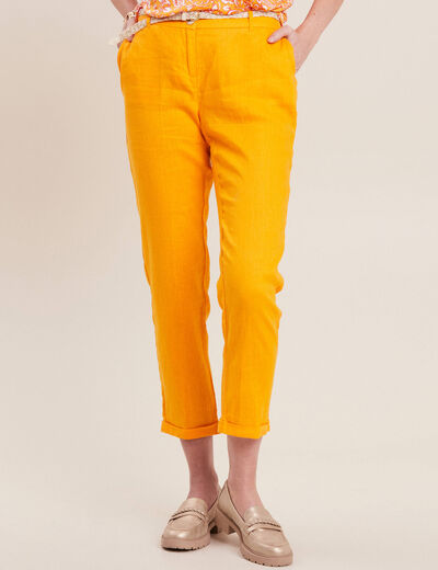 Pantalon coupe chino en lin ceintur&eacute; jaune or femme
