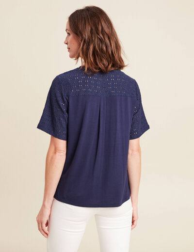 Blouse col V manches courtes bleu marine femme