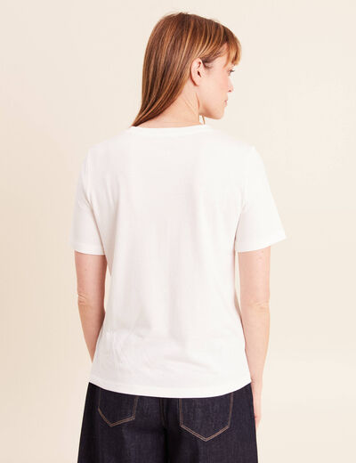 T-shirt col rond manches courtes brod&eacute; ecru femme