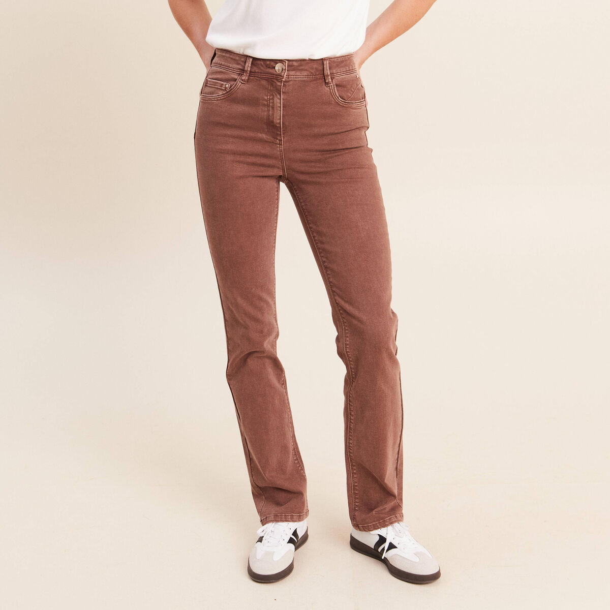 Jean coupe droite taille haute marron clair femme