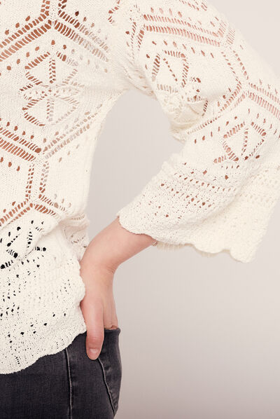 Pull manches 3/4 ajouré ecru femme