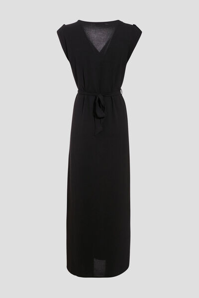 Robe longue droite ceinturée noir femme