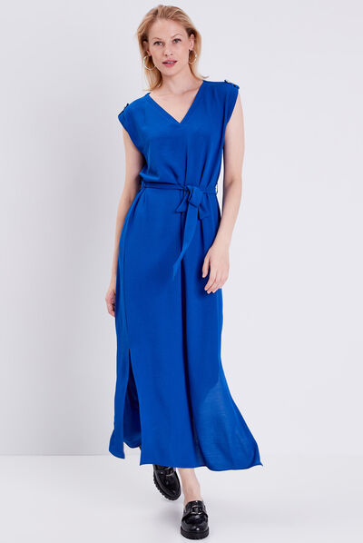 Robe longue droite ceinturée bleu electrique femme