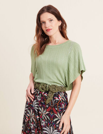 Pull manches courtes papillons vert émeraude femme