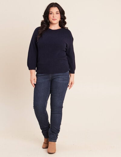 Pull droit col rond manches 3/4 bleu marine femme