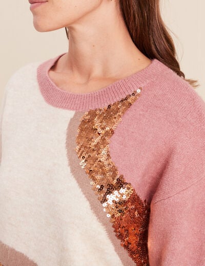 Pull col rond manches longues &agrave; sequins taupe femme