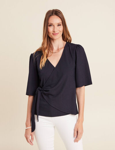 Blouse col V manches coude bleu foncé femme