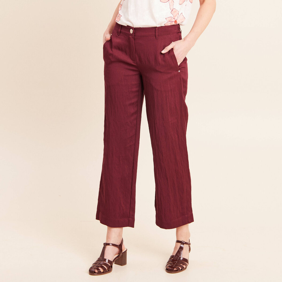 Pantalon large 7/8&egrave;me ceintur&eacute; prune femme