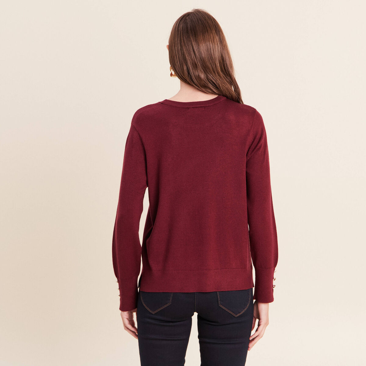 Pull droit col rond manches longues bordeaux femme