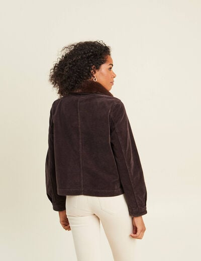 Blouson droit velours manches longues marron fonc&eacute; femme