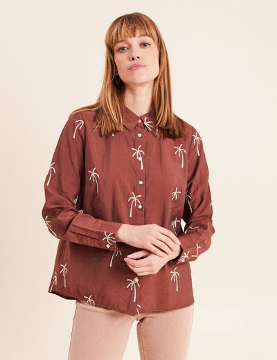 Chemise fluide brod&eacute;e manches longues marron femme