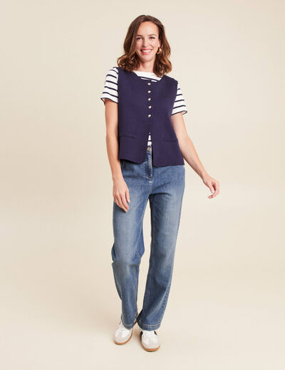 gilet droit court sans manches col rond bleu marine femme