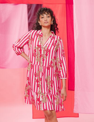 Robe courte &eacute;vas&eacute;e manches 3/4 rose femme