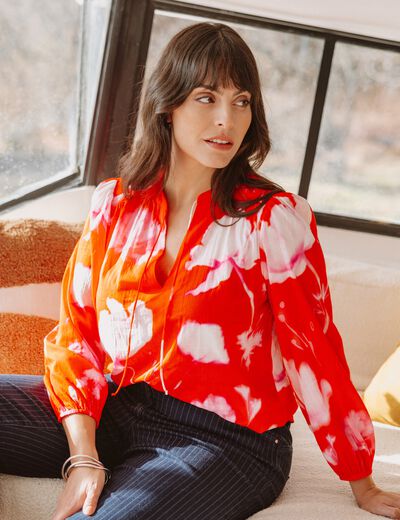Blouse ample en voile manches longues rouge femme