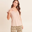 T-shirt col v manches courtes aspect lin sable femme