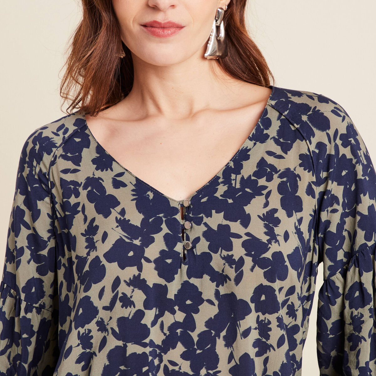 Blouse manches 3/4 vert kaki femme