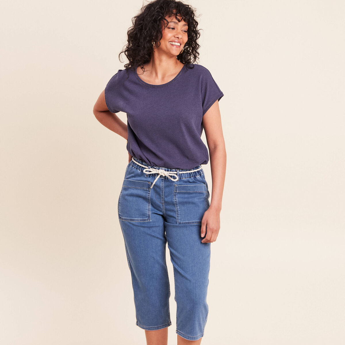Pantacourt r&eacute;versible boyfriend bleu femme