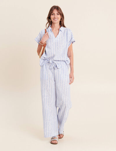 Blouse ample col chemise manches courtes bleu femme