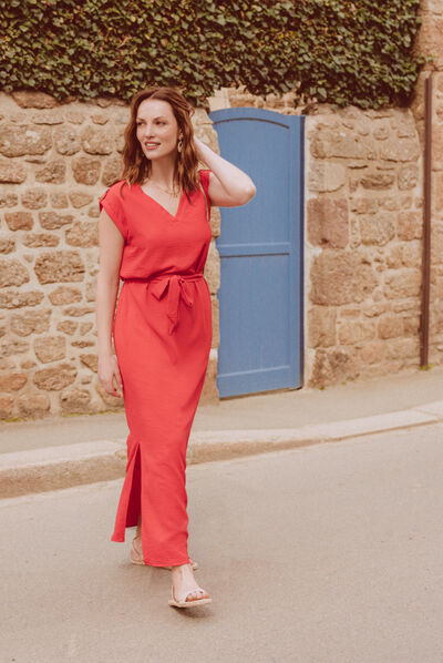 Robe longue droite ceinturée rouge femme