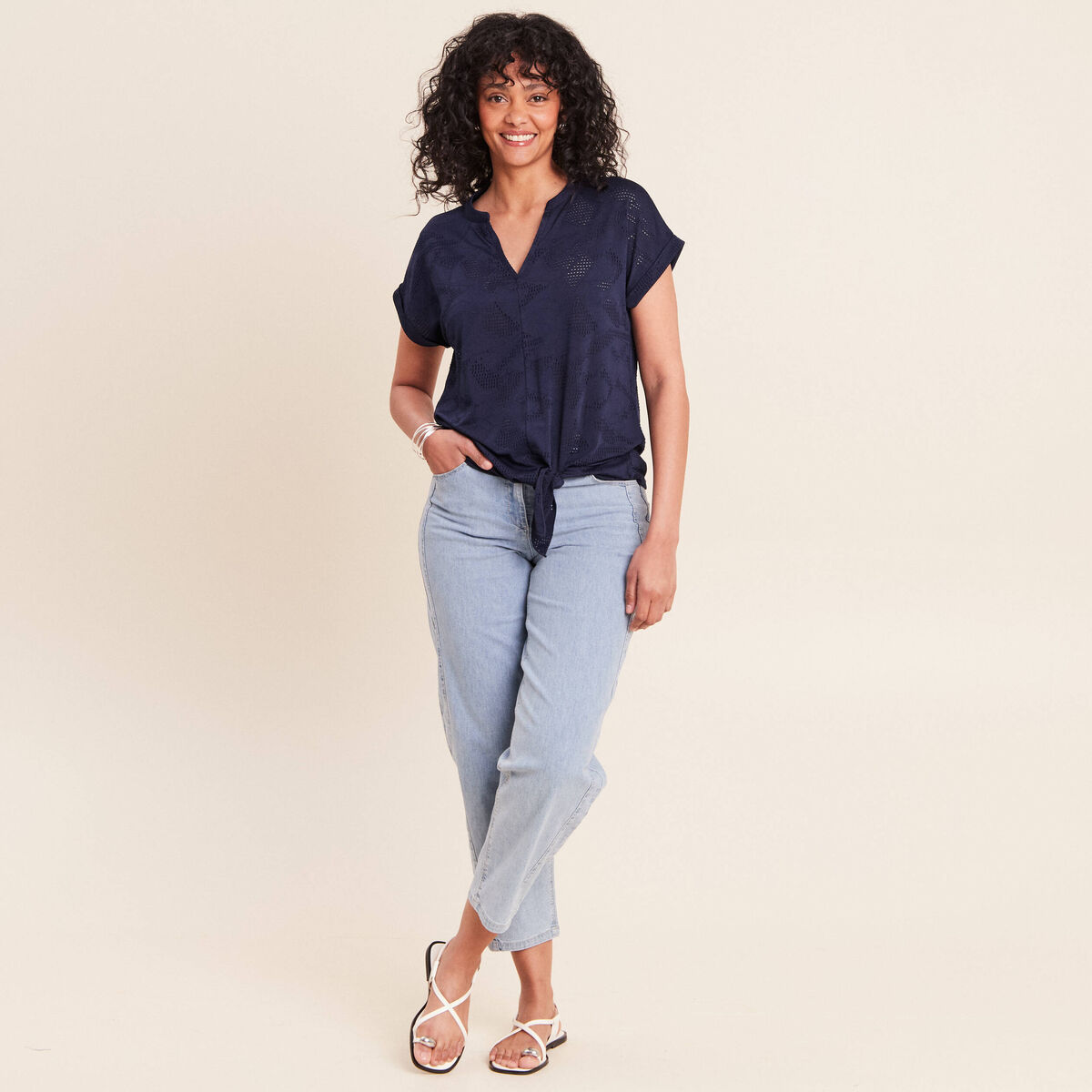 T-shirt col tunisien manches courtes bleu marine femme