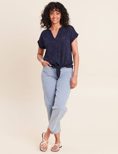 T-shirt col tunisien manches courtes bleu marine femme