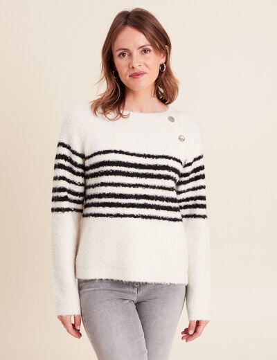 Pull bouclette col rond manches longues blanc femme