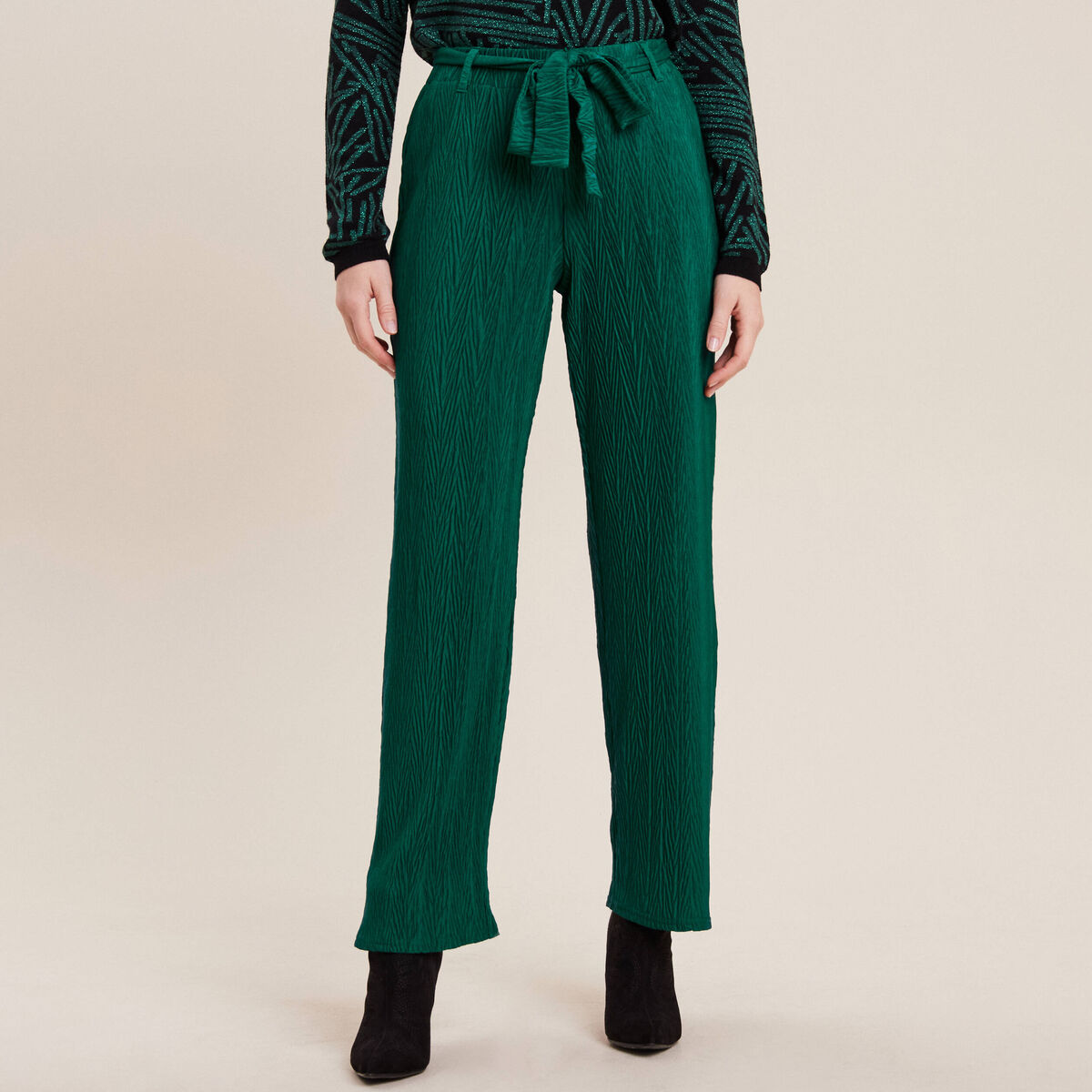 Pantalon large ceinturé vert femme