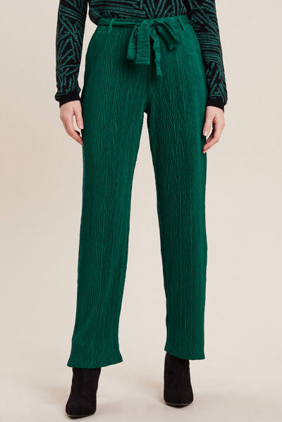 Pantalon large ceinturé vert femme