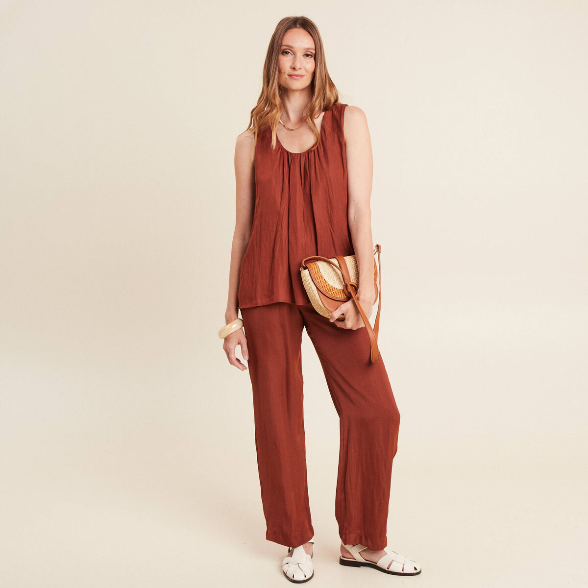 Pantalon large taille haute marron foncé femme