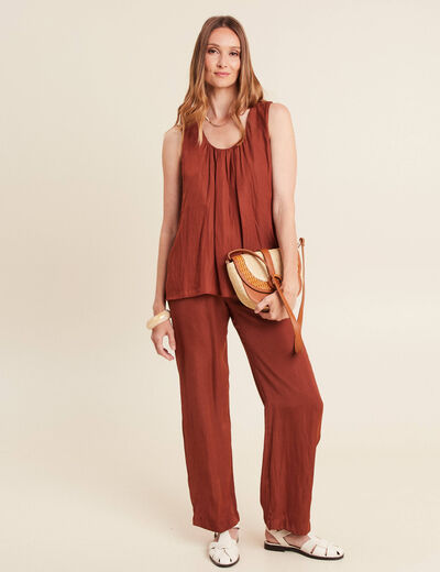 Pantalon large taille haute marron foncé femme