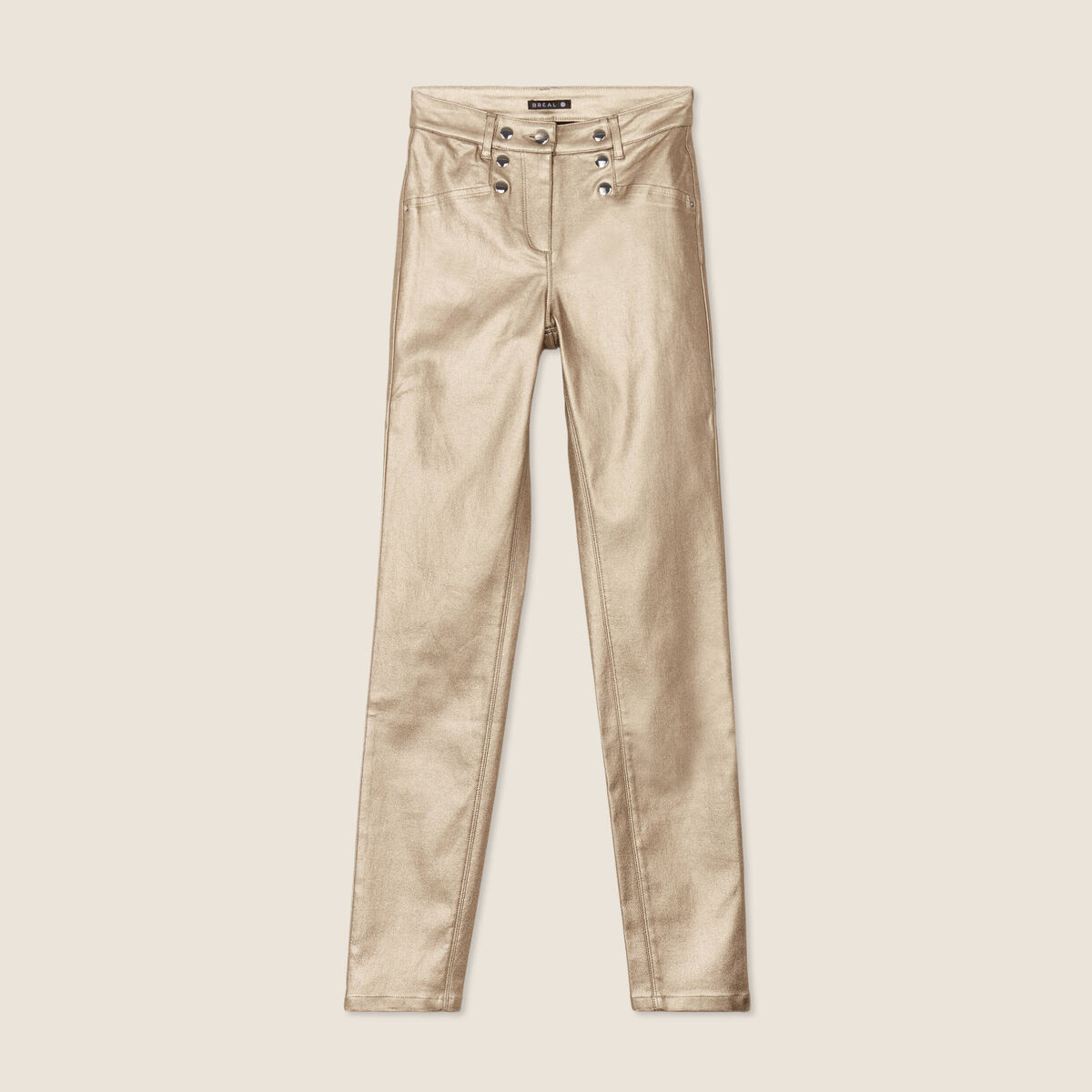 Pantalon ajust&eacute; enduit &agrave; pont taupe femme