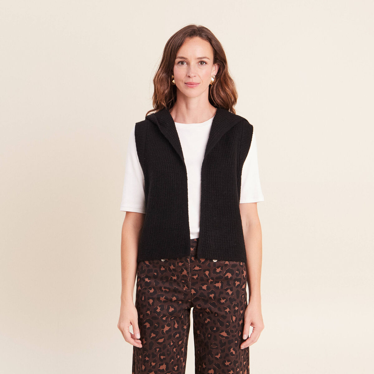 Veste sans manches &agrave; capuche noir femme