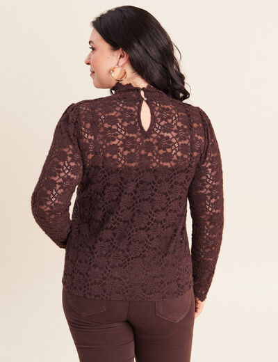 T-shirt cintr&eacute; col montant dentelle marron fonc&eacute; femme