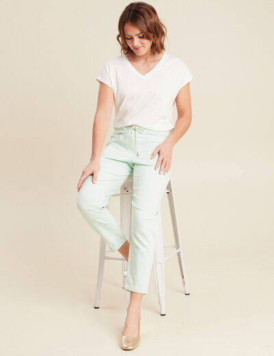 Pantalon coupe droite à coulisse vert clair femme