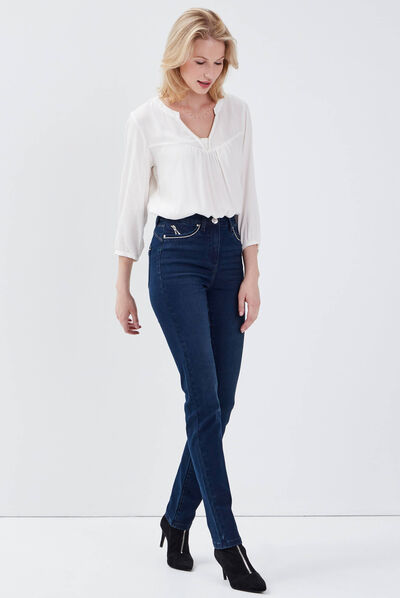 Jean ajusté taille haute denim brut femme