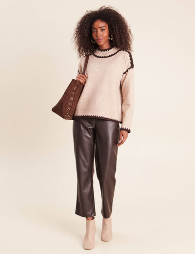 Pantalon droit 7/8&egrave;me taille bascul&eacute;e marron fonc&eacute; femme