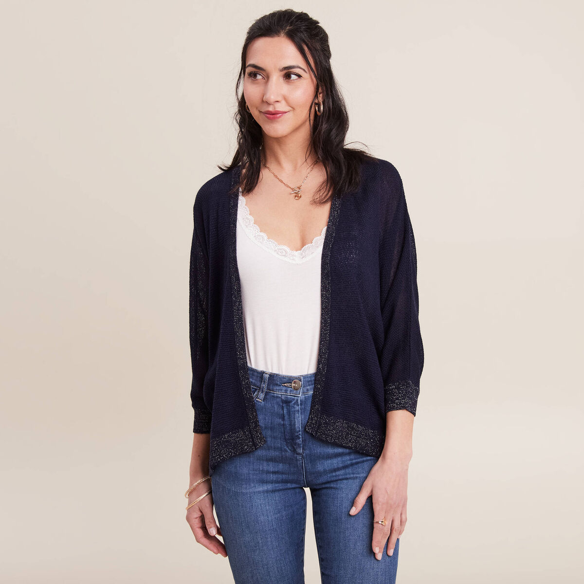 Gilet manches 3/4 bleu marine femme